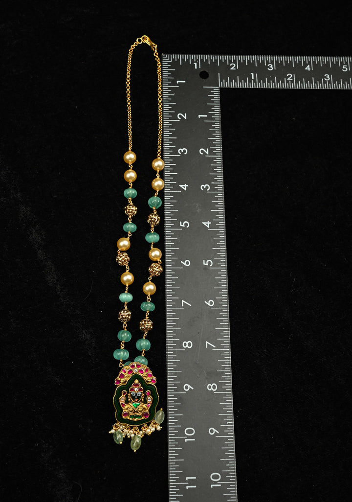 Green Resin Stone and pearls  Necklace with Lakshmi Engraving, No Earrings | Shobitam Jewelry