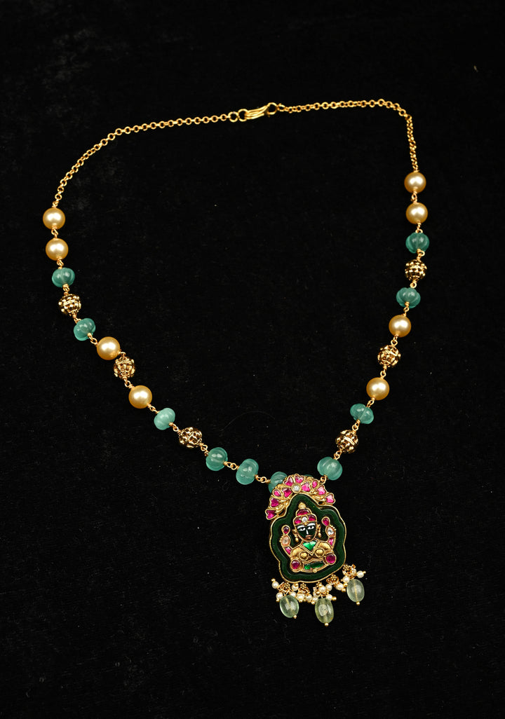 Green Resin Stone and pearls  Necklace with Lakshmi Engraving, No Earrings | Shobitam Jewelry