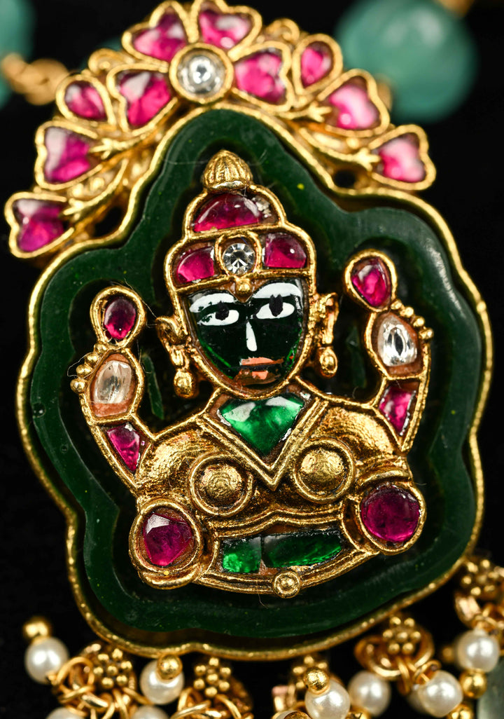 Green Resin Stone and pearls  Necklace with Lakshmi Engraving, No Earrings | Shobitam Jewelry