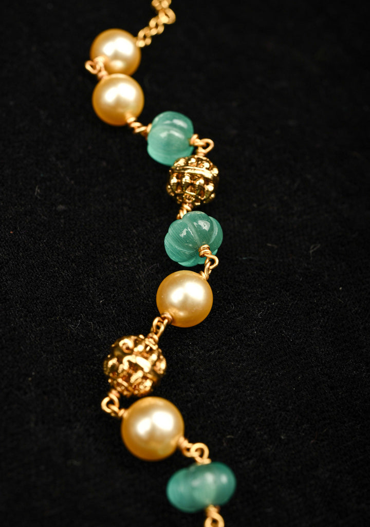 Green Resin Stone and pearls  Necklace with Lakshmi Engraving, No Earrings | Shobitam Jewelry