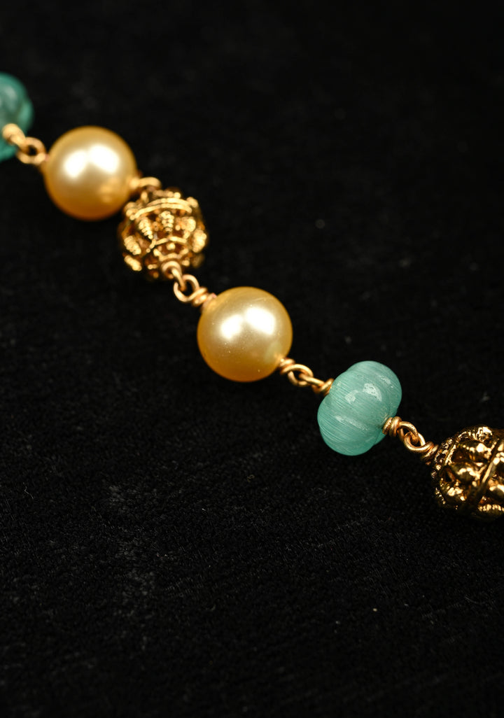 Green Resin Stone and pearls  Necklace with Lakshmi Engraving, No Earrings | Shobitam Jewelry