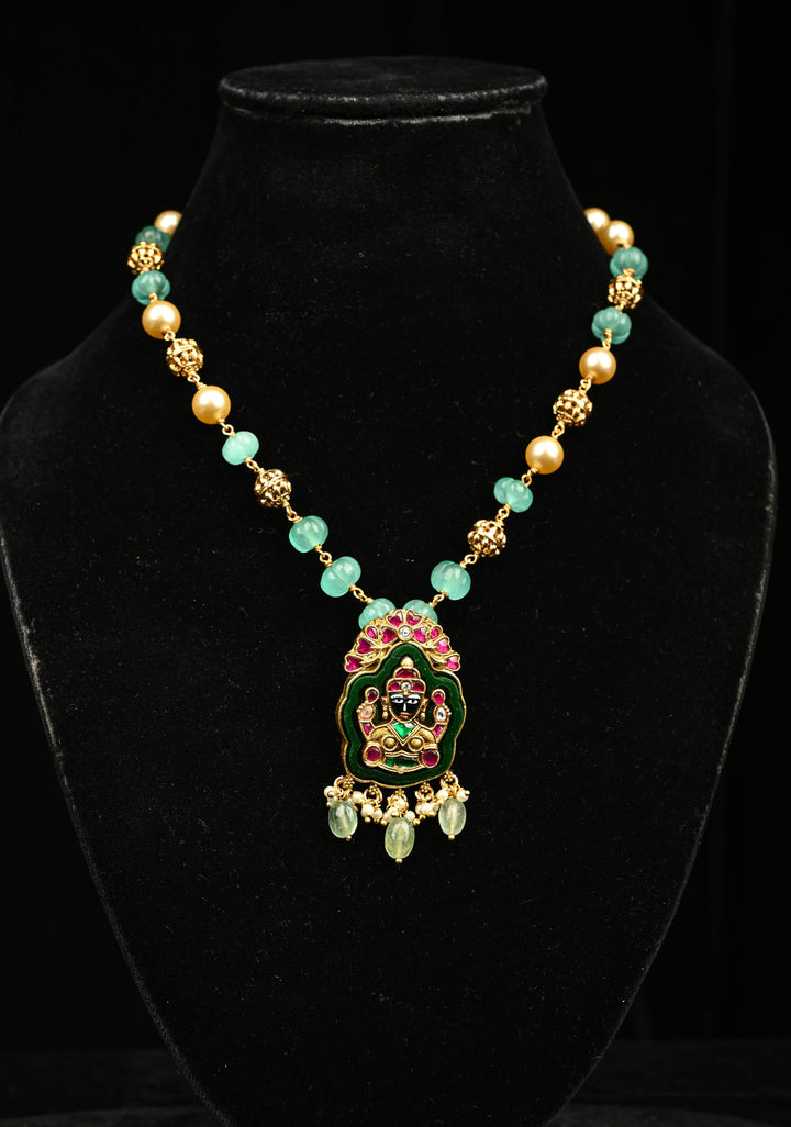 Green Resin Stone and pearls  Necklace with Lakshmi Engraving, No Earrings | Shobitam Jewelry