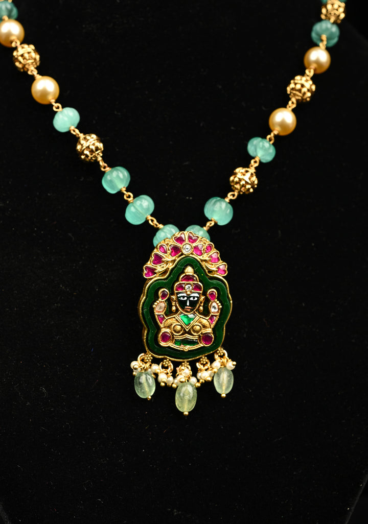 Green Resin Stone and pearls  Necklace with Lakshmi Engraving, No Earrings | Shobitam Jewelry