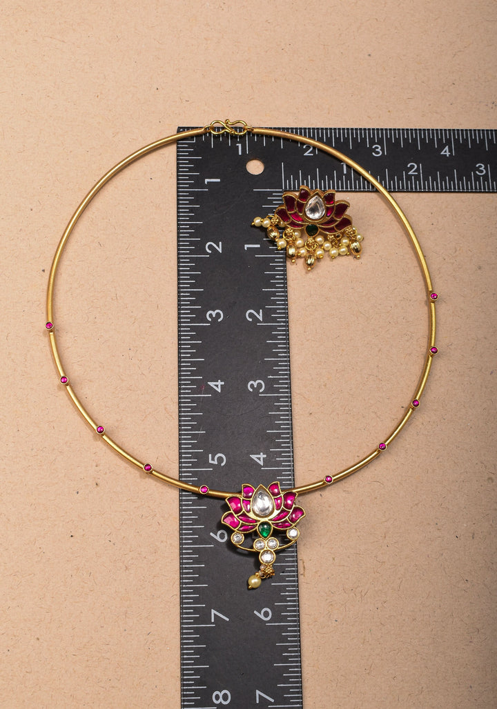 Double Lotus Minimalistic Wire base necklace and earring Set Pink,White and Green Stones | Shobitam Jewelry