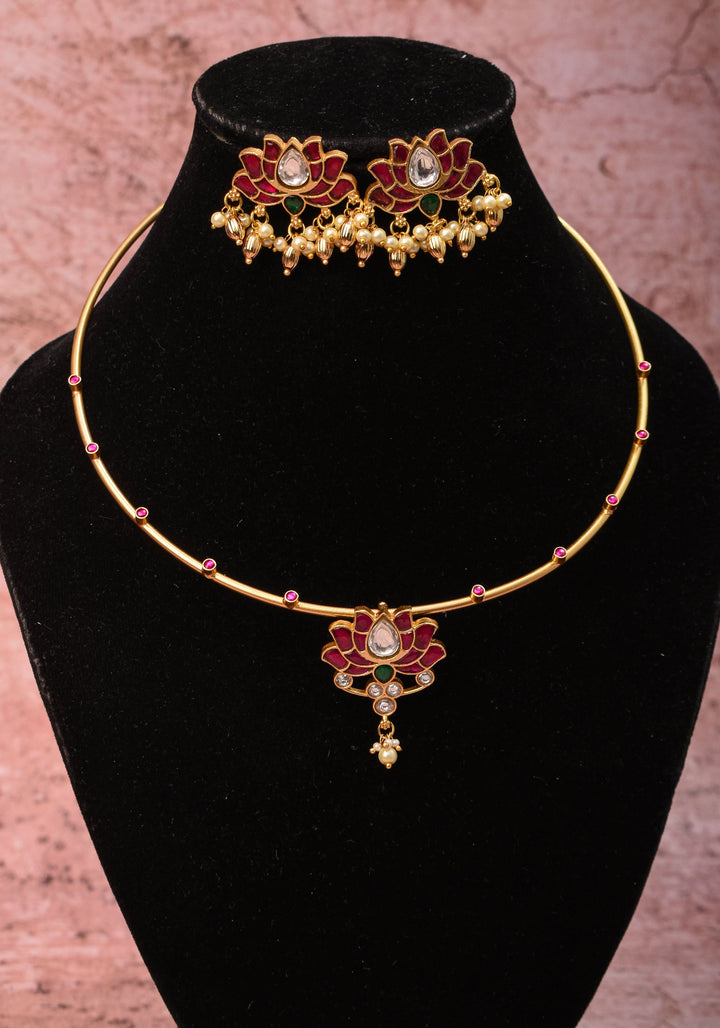 Double Lotus Minimalistic Wire base necklace and earring Set Pink,White and Green Stones | Shobitam Jewelry