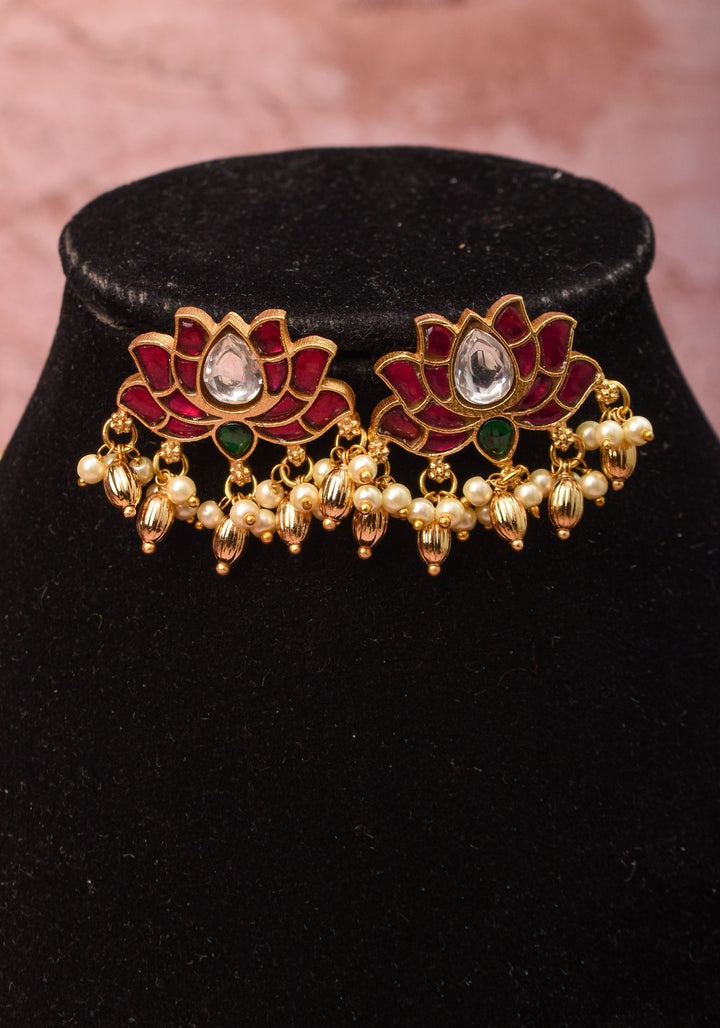 Double Lotus Minimalistic Wire base necklace and earring Set Pink,White and Green Stones | Shobitam Jewelry