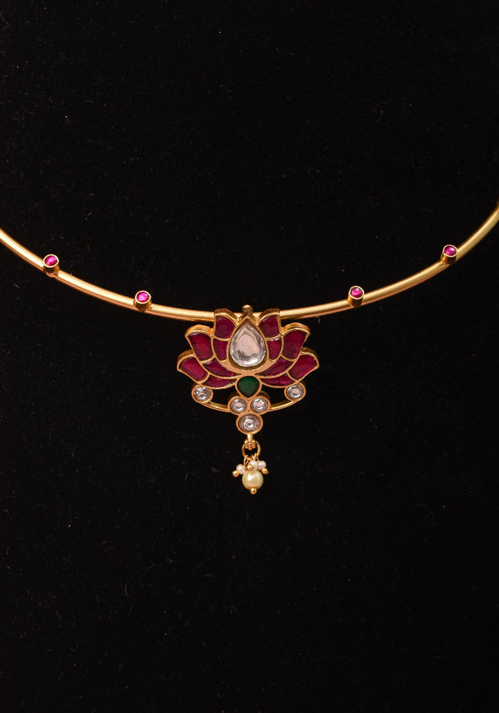 Double Lotus Minimalistic Wire base necklace and earring Set Pink,White and Green Stones | Shobitam Jewelry