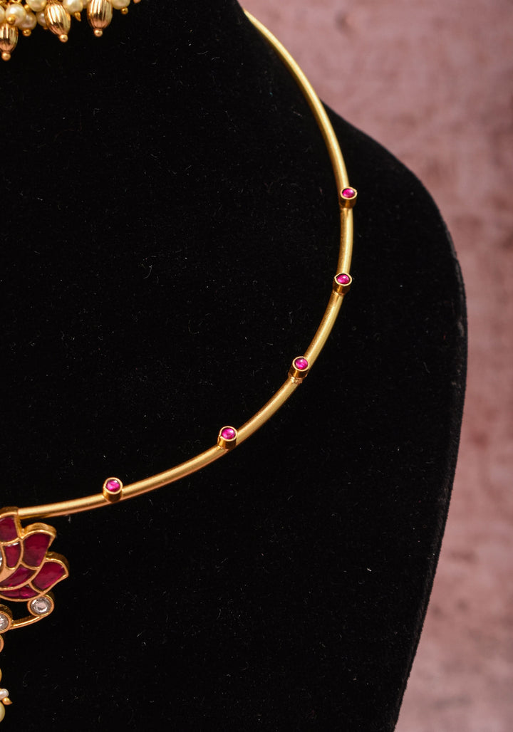 Double Lotus Minimalistic Wire base necklace and earring Set Pink,White and Green Stones | Shobitam Jewelry