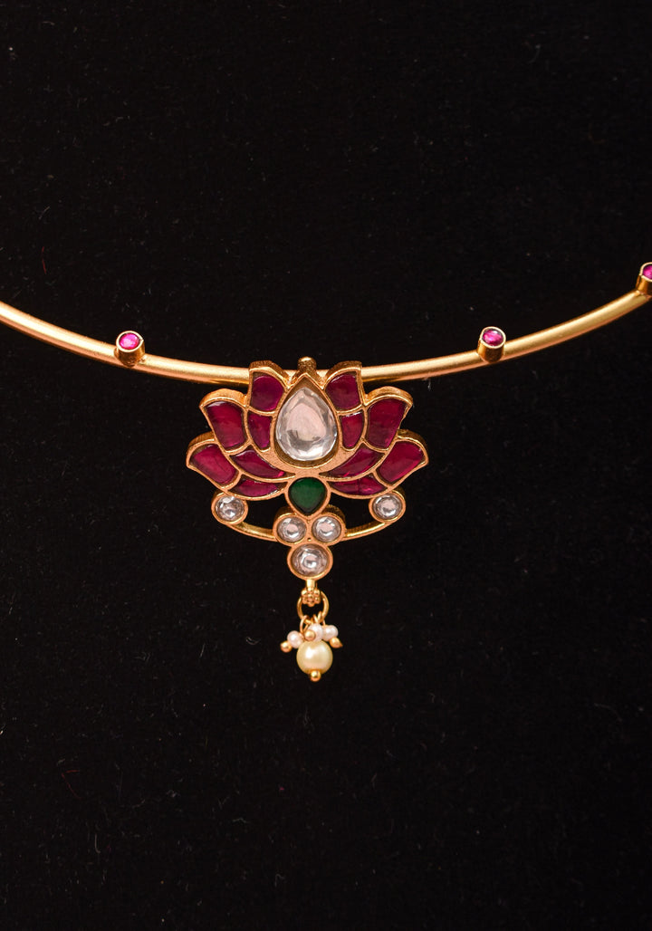 Double Lotus Minimalistic Wire base necklace and earring Set Pink,White and Green Stones | Shobitam Jewelry