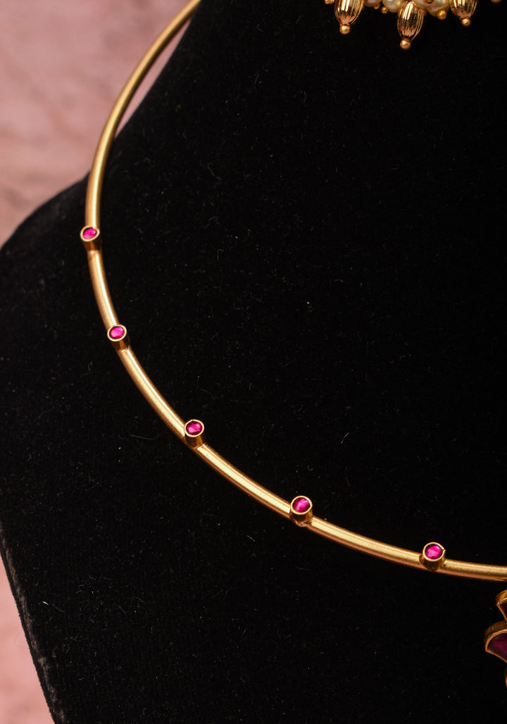 Double Lotus Minimalistic Wire base necklace and earring Set Pink,White and Green Stones | Shobitam Jewelry