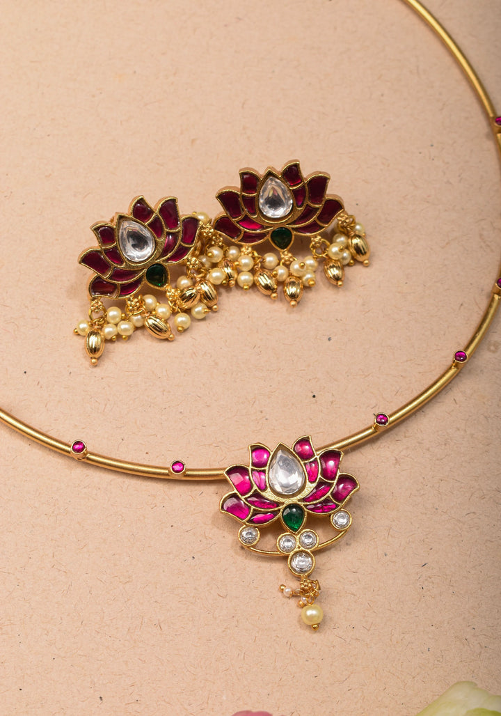 Double Lotus Minimalistic Wire base necklace and earring Set Pink,White and Green Stones | Shobitam Jewelry