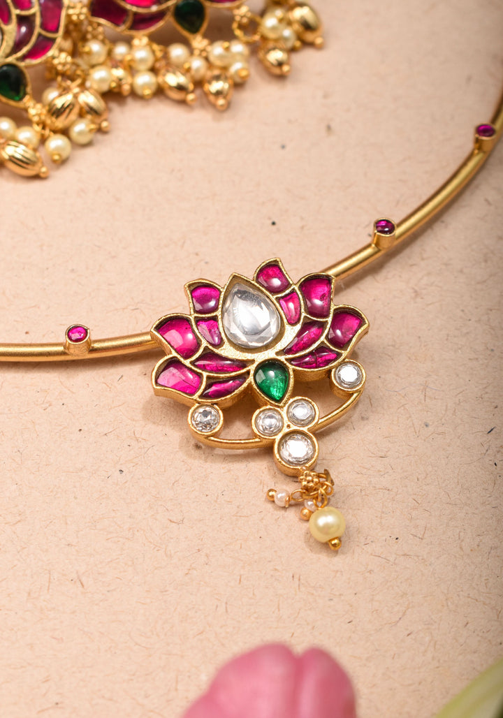 Double Lotus Minimalistic Wire base necklace and earring Set Pink,White and Green Stones | Shobitam Jewelry