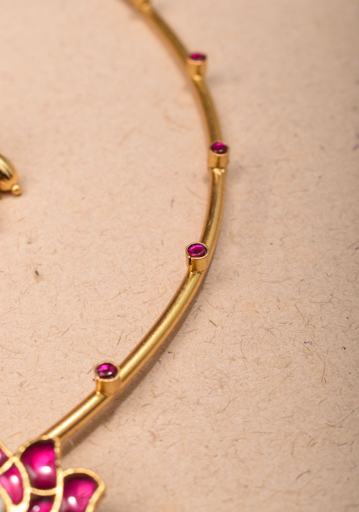 Double Lotus Minimalistic Wire base necklace and earring Set Pink,White and Green Stones | Shobitam Jewelry