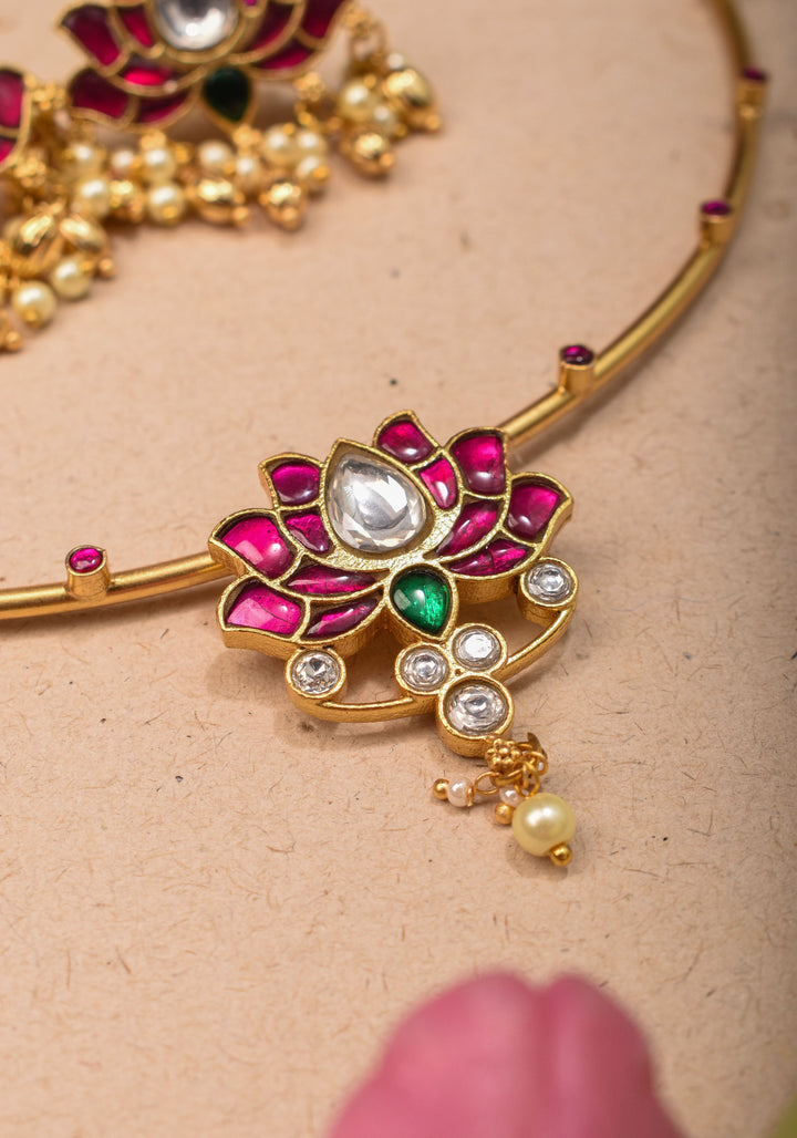 Double Lotus Minimalistic Wire base necklace and earring Set Pink,White and Green Stones | Shobitam Jewelry