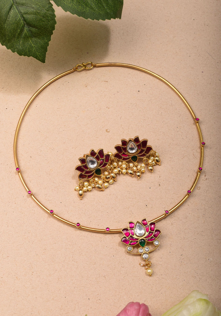 Double Lotus Minimalistic Wire base necklace and earring Set Pink,White and Green Stones | Shobitam Jewelry