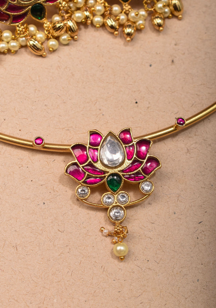 Double Lotus Minimalistic Wire base necklace and earring Set Pink,White and Green Stones | Shobitam Jewelry