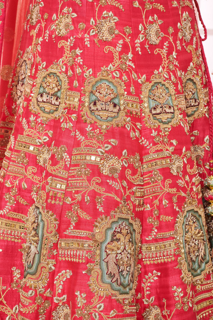 Crimson Mirage Raw Silk Lehenga with Elephant motifs, Customizable, Made to Order