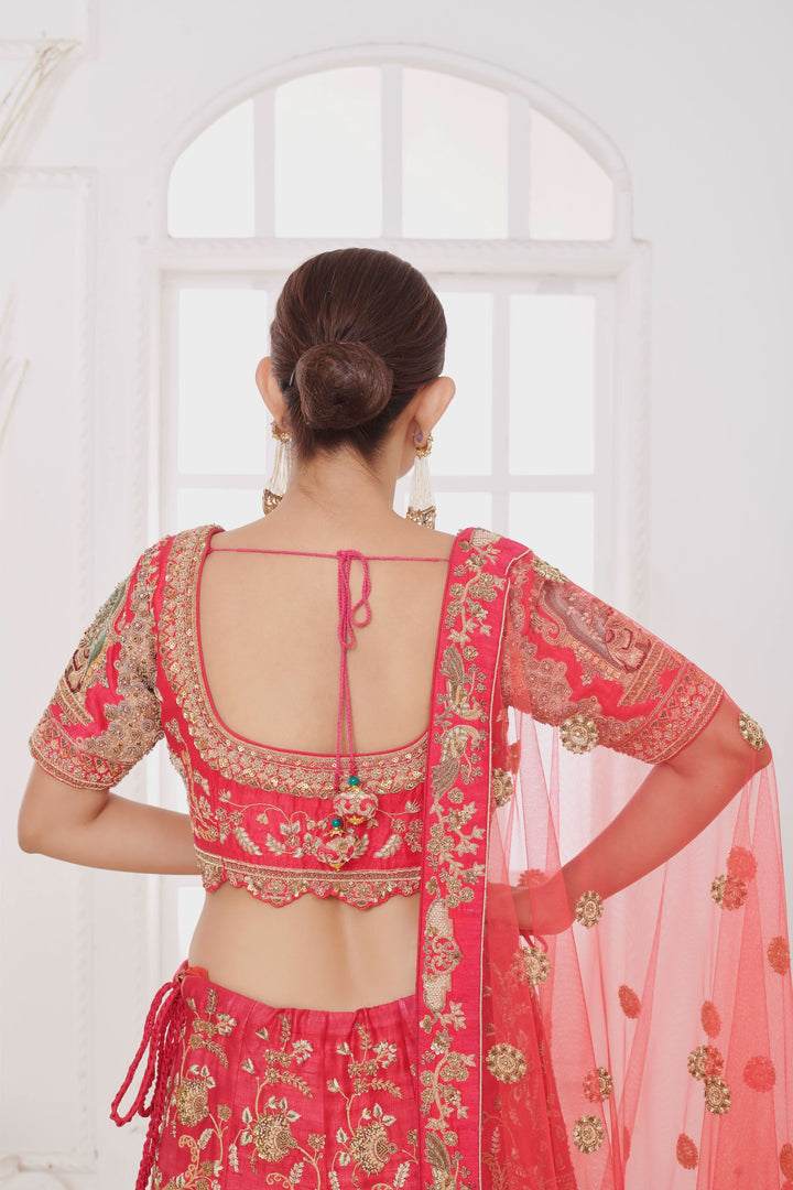 Crimson Mirage Raw Silk Lehenga with Elephant motifs, Customizable, Made to Order