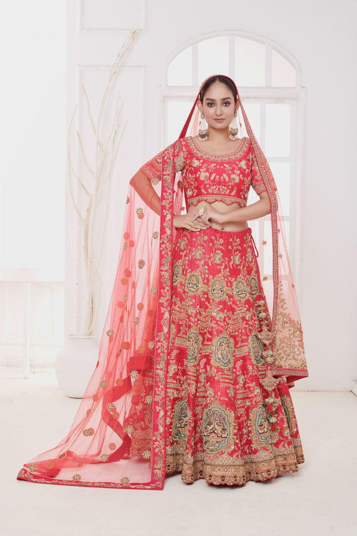 Crimson Mirage Raw Silk Lehenga with Elephant motifs, Customizable, Made to Order