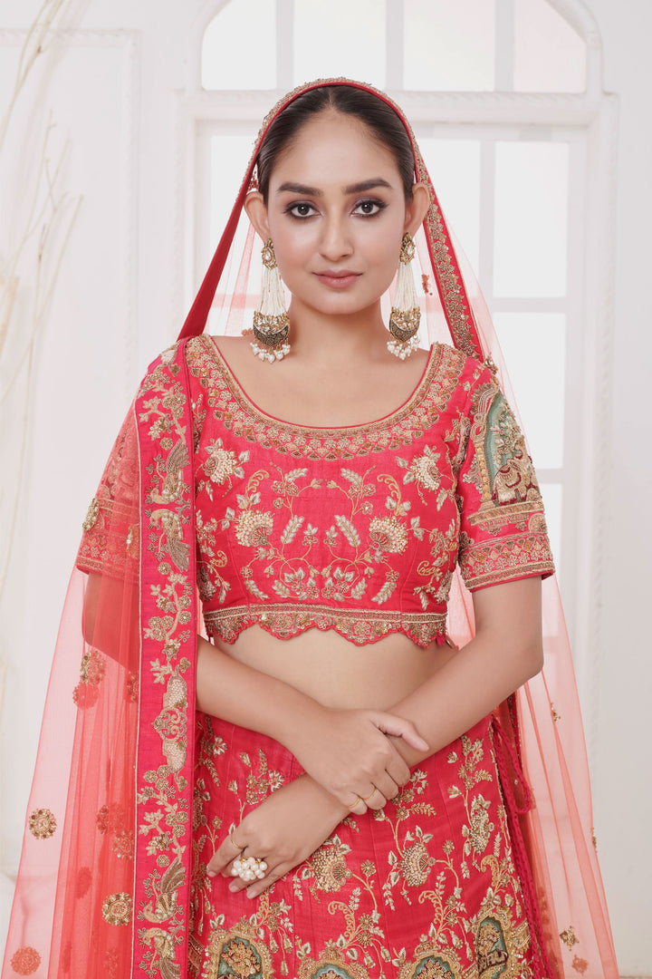 Crimson Mirage Raw Silk Lehenga with Elephant motifs, Customizable, Made to Order