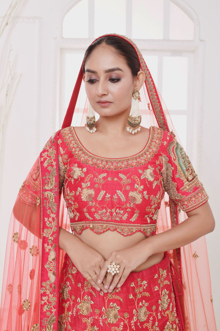 Crimson Mirage Raw Silk Lehenga with Elephant motifs, Customizable, Made to Order