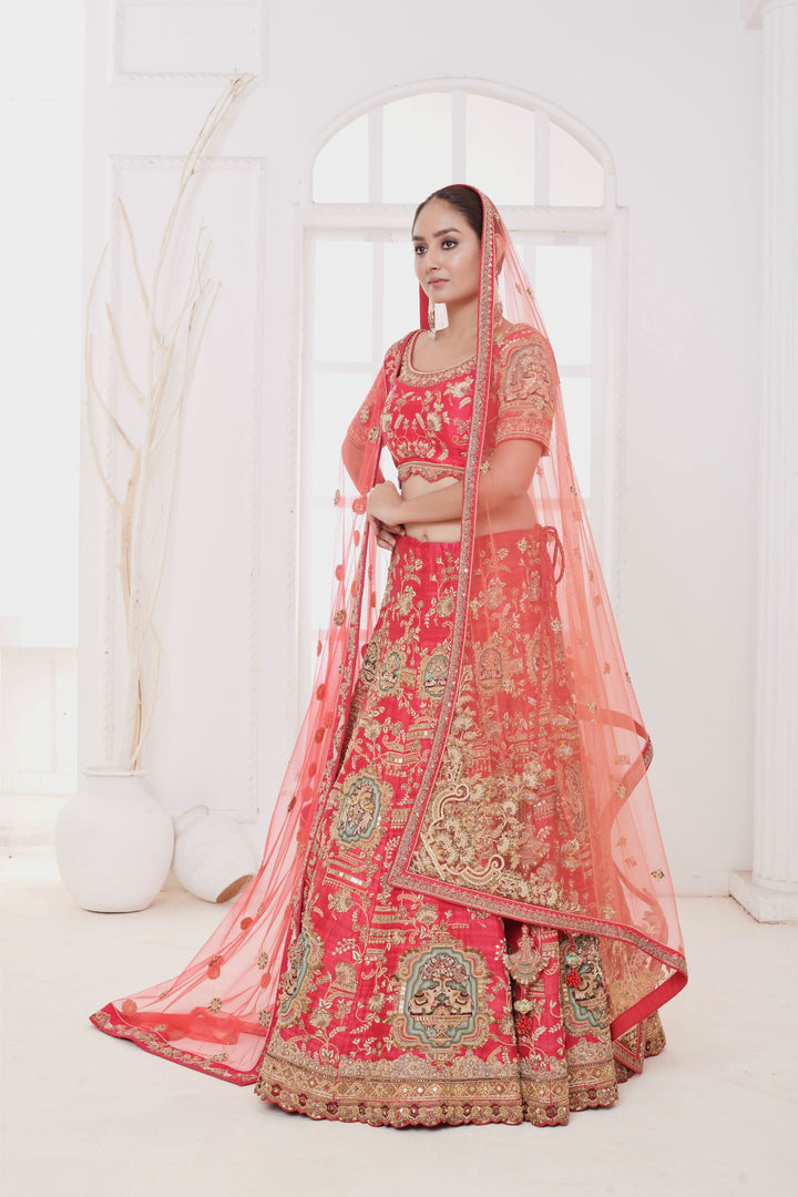 Crimson Mirage Raw Silk Lehenga with Elephant motifs, Customizable, Made to Order