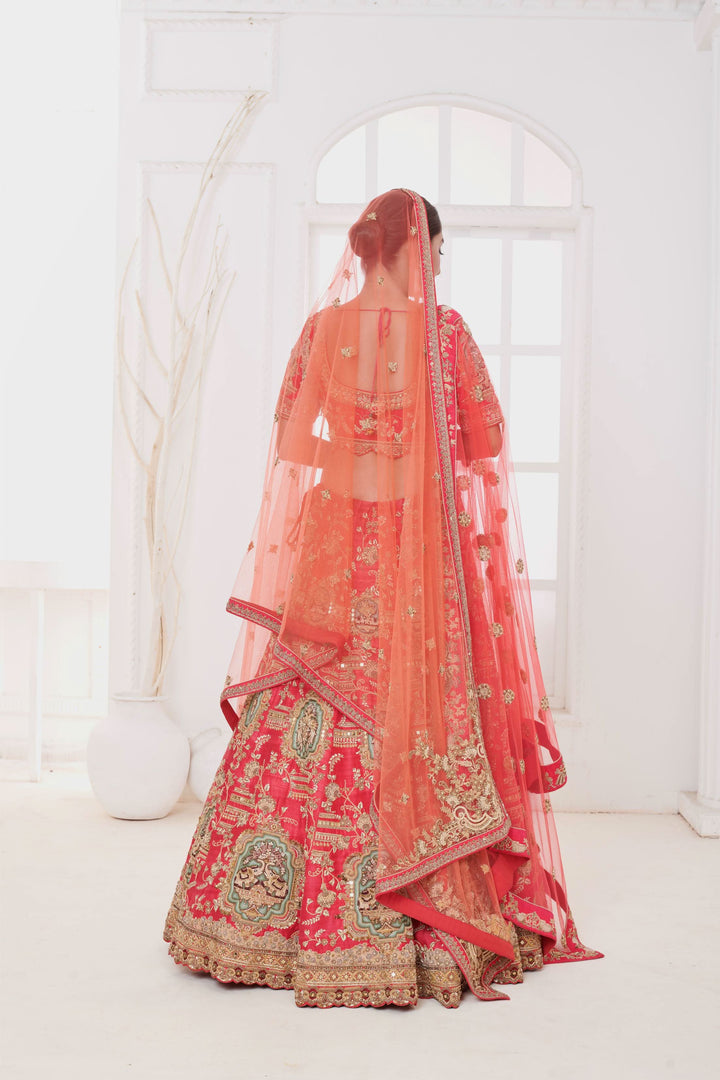 Crimson Mirage Raw Silk Lehenga with Elephant motifs, Customizable, Made to Order