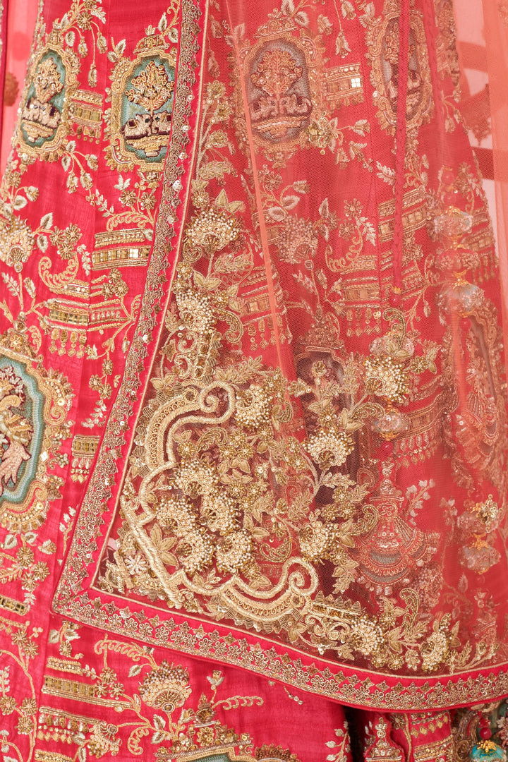 Crimson Mirage Raw Silk Lehenga with Elephant motifs, Customizable, Made to Order