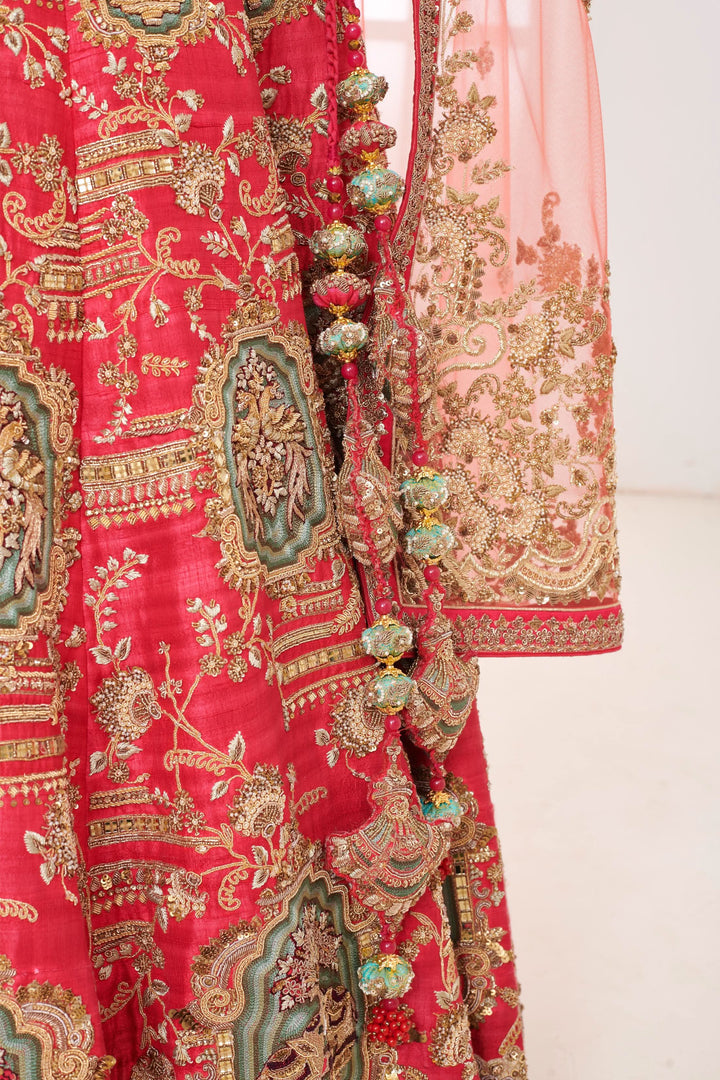 Crimson Mirage Raw Silk Lehenga with Elephant motifs, Customizable, Made to Order