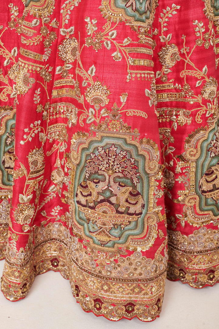 Crimson Mirage Raw Silk Lehenga with Elephant motifs, Customizable, Made to Order