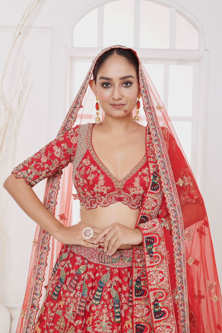 Crimson Mirage Raw Silk Lehenga with Elephant motifs, Customizable, Made to Order