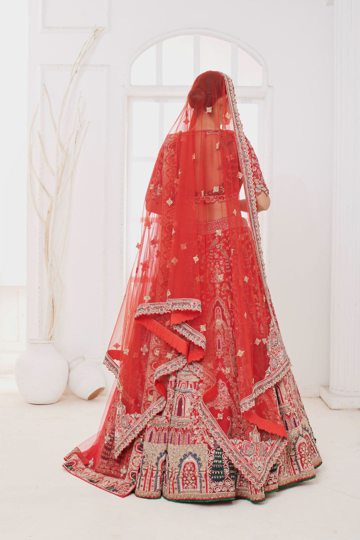 Crimson Mirage Raw Silk Lehenga with Elephant motifs, Customizable, Made to Order