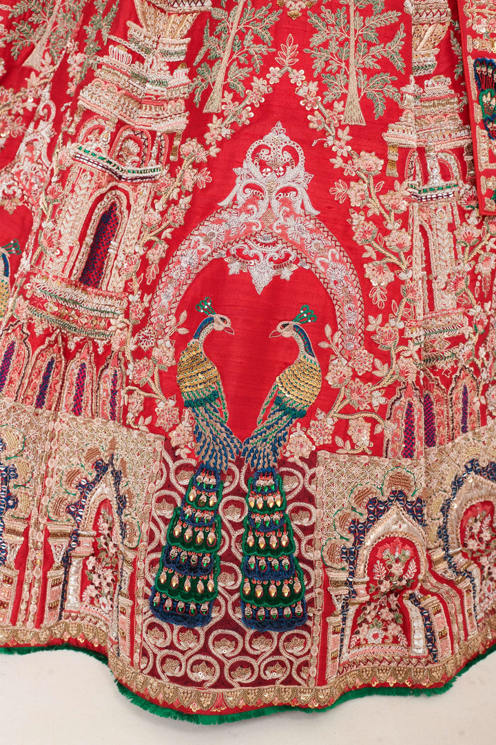 Crimson Mirage Raw Silk Lehenga with Elephant motifs, Customizable, Made to Order