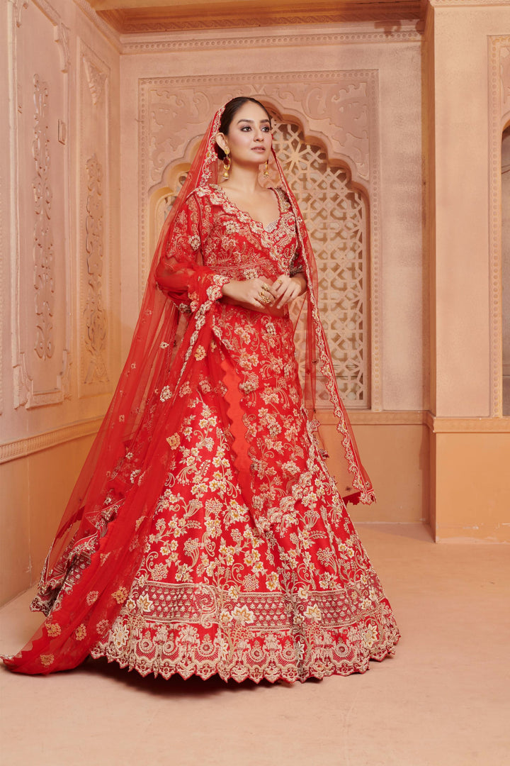 Ruby Rose Regalia Lehenga with  Zardosi  embroidery, Customizable, Made to Order