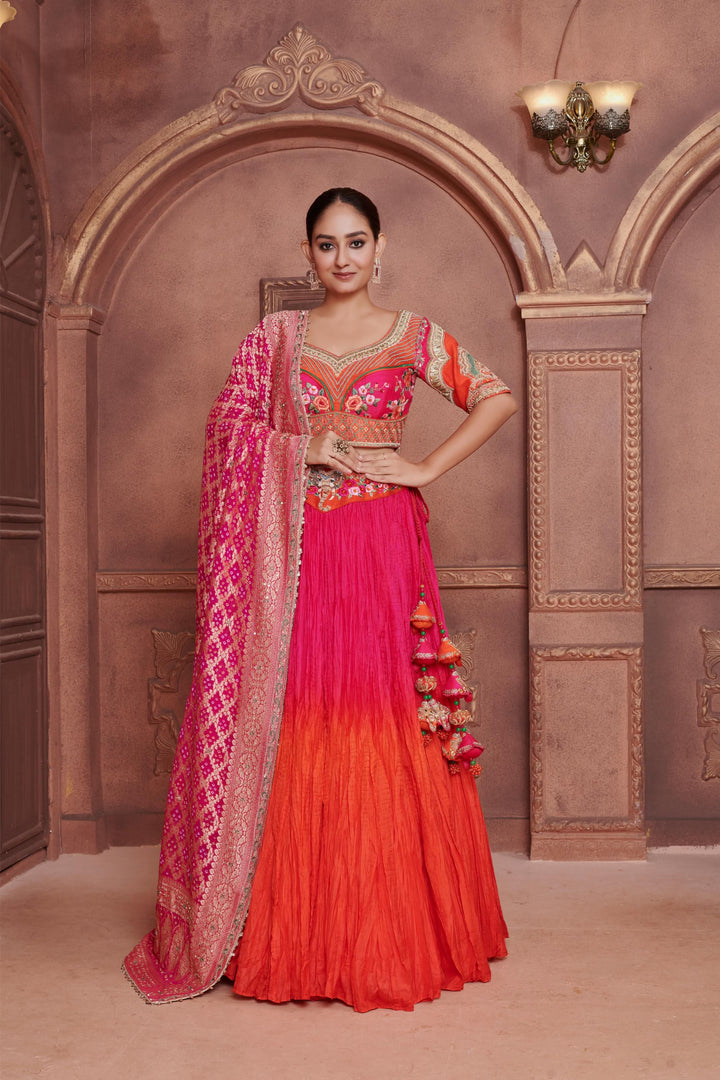 Apricot Dream Lehenga in Ombre Orange Pink, Customizable, Made to Order