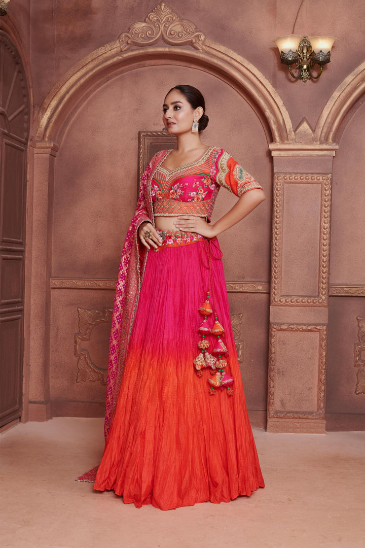 Apricot Dream Lehenga in Ombre Orange Pink, Customizable, Made to Order