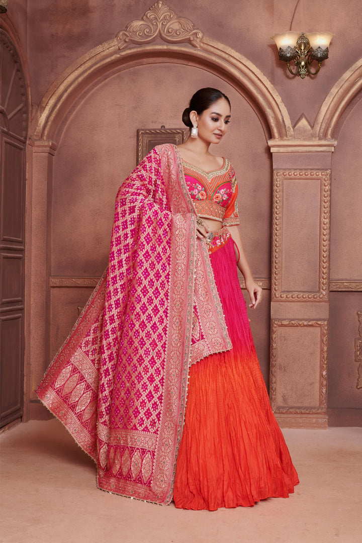 Apricot Dream Lehenga in Ombre Orange Pink, Customizable, Made to Order