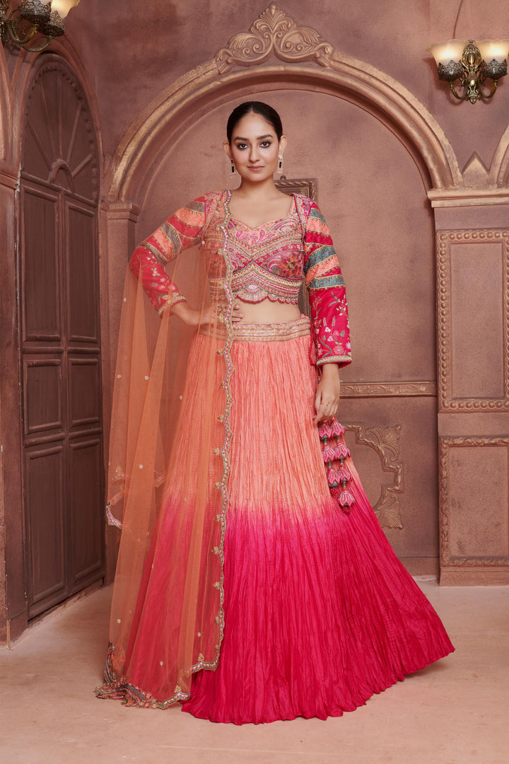 Peach Sunset Ombre Lehenga with embroidery, Customizable, Made to Order