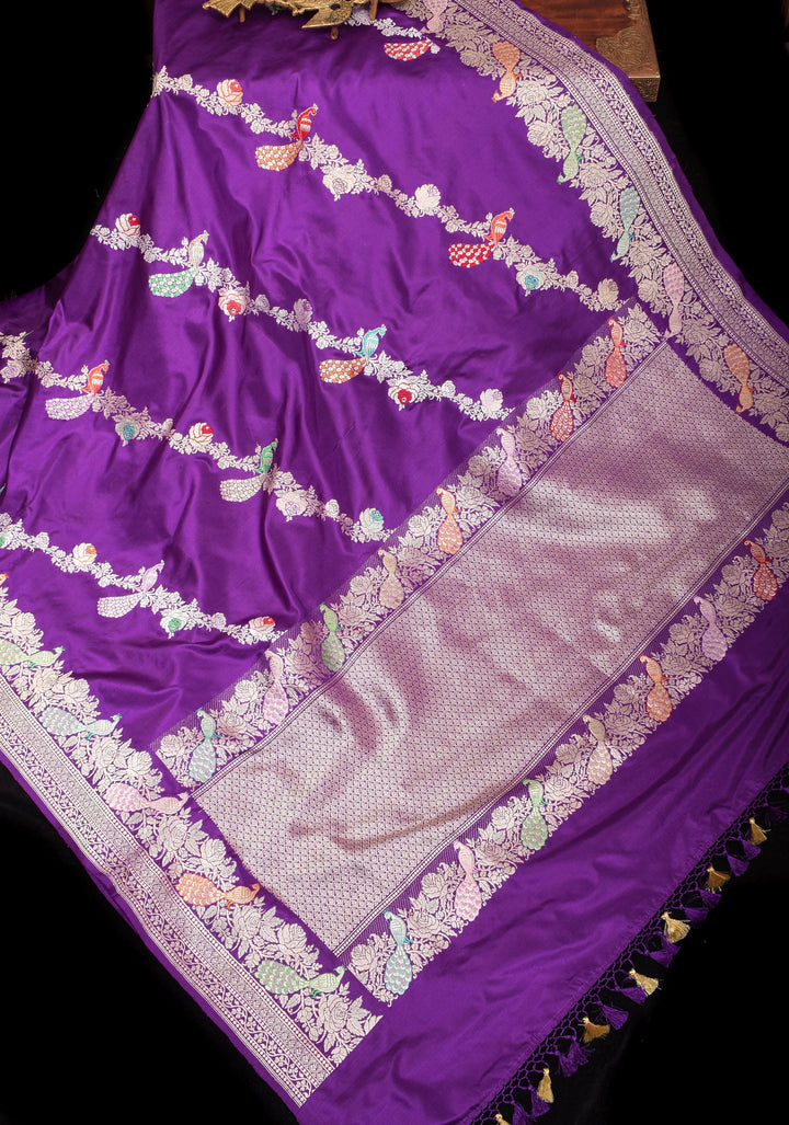 Purple Exquisite Shikaargah Meenakari Banarasi Katan Silk Saree  with Leheria Jaal | SILK MARK CERTIFIED