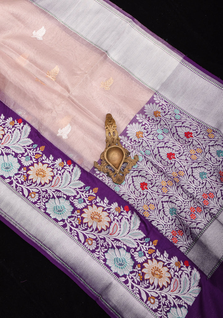 Blush Pink Tissue  Banarasi Silk Saree with  Meenakari Wide Kadhiyal Border | SILK MARK CERTIFIED