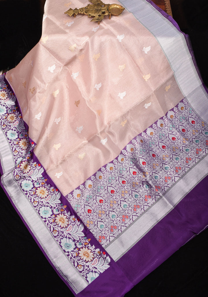 Blush Pink Tissue  Banarasi Silk Saree with  Meenakari Wide Kadhiyal Border | SILK MARK CERTIFIED