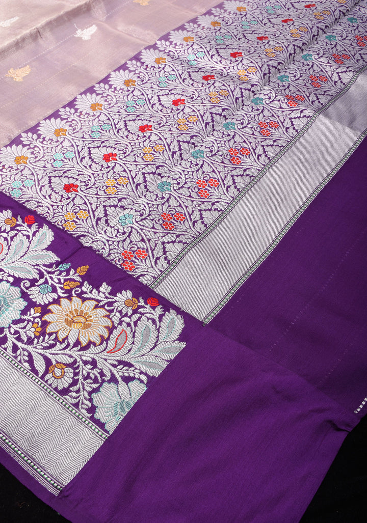 Blush Pink Tissue  Banarasi Silk Saree with  Meenakari Wide Kadhiyal Border | SILK MARK CERTIFIED