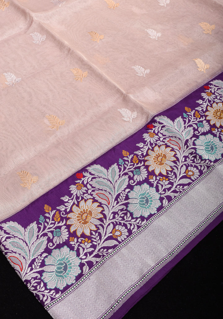 Blush Pink Tissue  Banarasi Silk Saree with  Meenakari Wide Kadhiyal Border | SILK MARK CERTIFIED