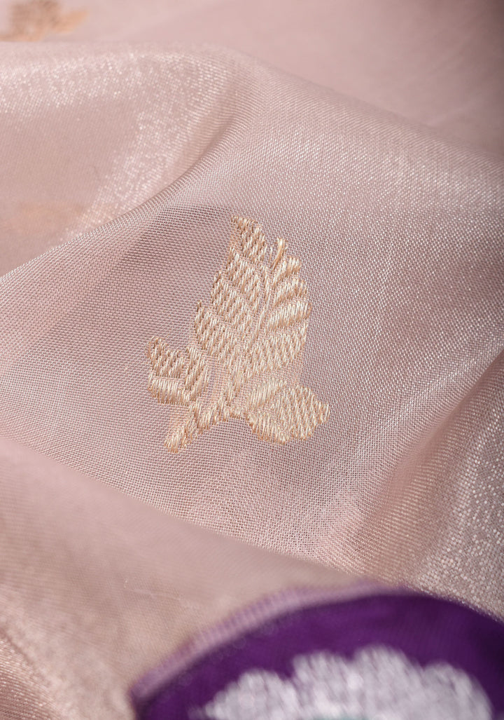 Blush Pink Tissue  Banarasi Silk Saree with  Meenakari Wide Kadhiyal Border | SILK MARK CERTIFIED