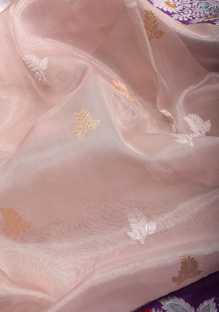 Blush Pink Tissue  Banarasi Silk Saree with  Meenakari Wide Kadhiyal Border | SILK MARK CERTIFIED