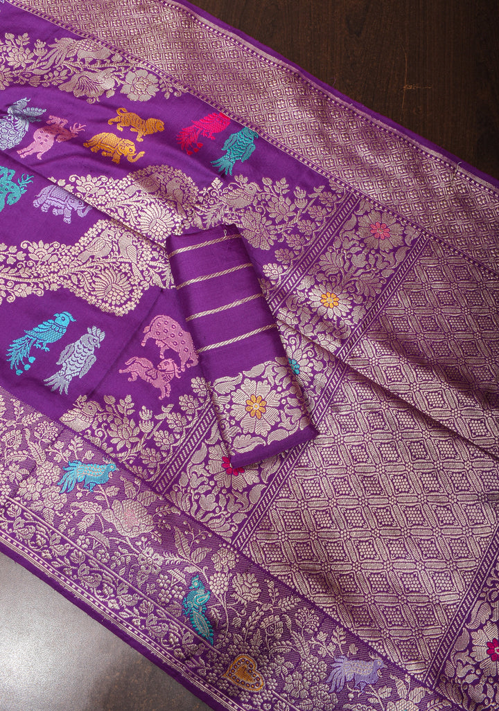Kadhuwa Jungla Meenakari Shikaargah Leheria Banarasi Pure Katan Silk Saree in Purple| SILK MARK CERTIFIED