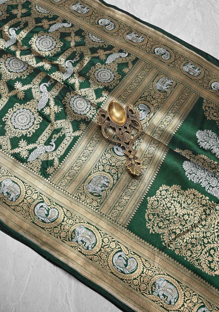Green Pure Banarasi Katan Silk Saree with Alfi Shikaargah Jaal and Zari Border  | SILK MARK CERTIFIED