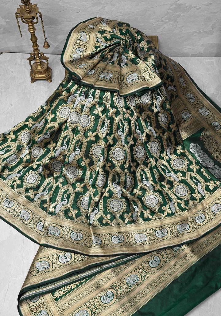 Green Pure Banarasi Katan Silk Saree with Alfi Shikaargah Jaal and Zari Border  | SILK MARK CERTIFIED