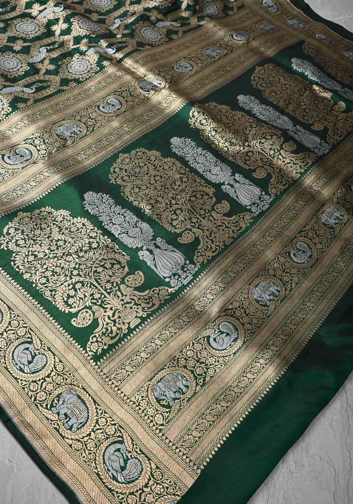 Green Pure Banarasi Katan Silk Saree with Alfi Shikaargah Jaal and Zari Border  | SILK MARK CERTIFIED