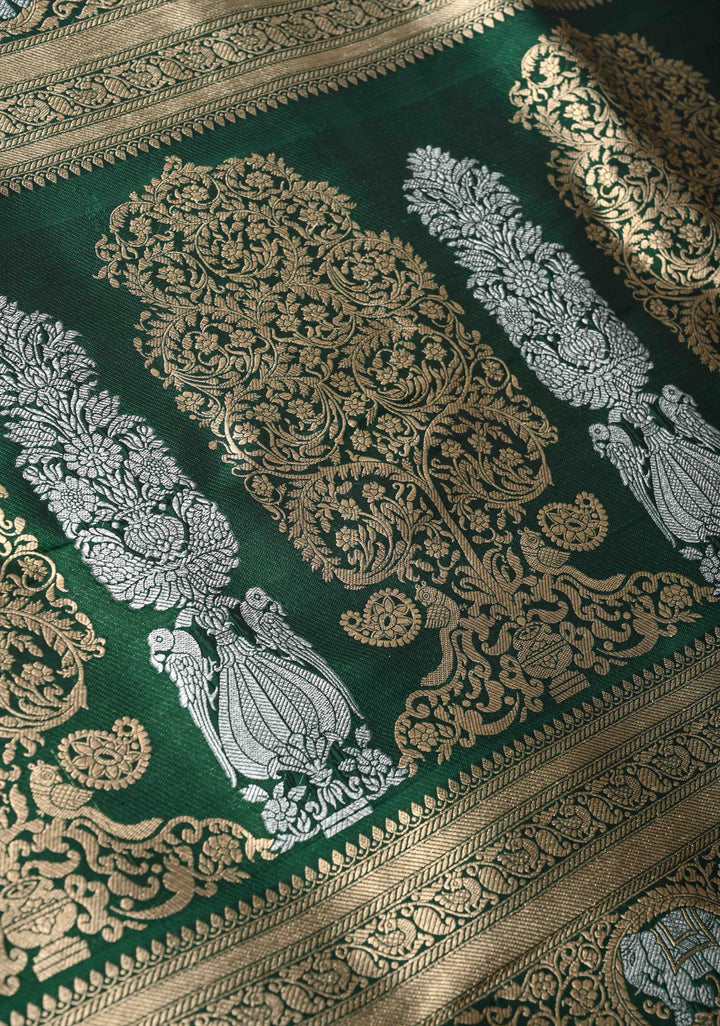 Green Pure Banarasi Katan Silk Saree with Alfi Shikaargah Jaal and Zari Border  | SILK MARK CERTIFIED